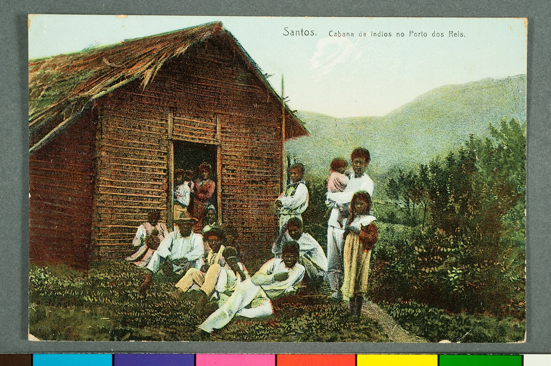 Imagem de referência de Santos. Cabana de Indios no Porto dos Reis (2), descrito nos dados abertos como item da Coleção Cartões Postais, no Museu Paulista
