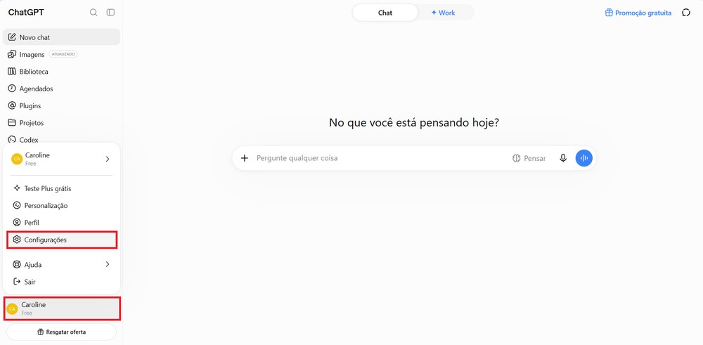 Acesse sua conta no ChatGPT e abra as “Configurações” — Foto: Reprodução/Caroline Silvestre