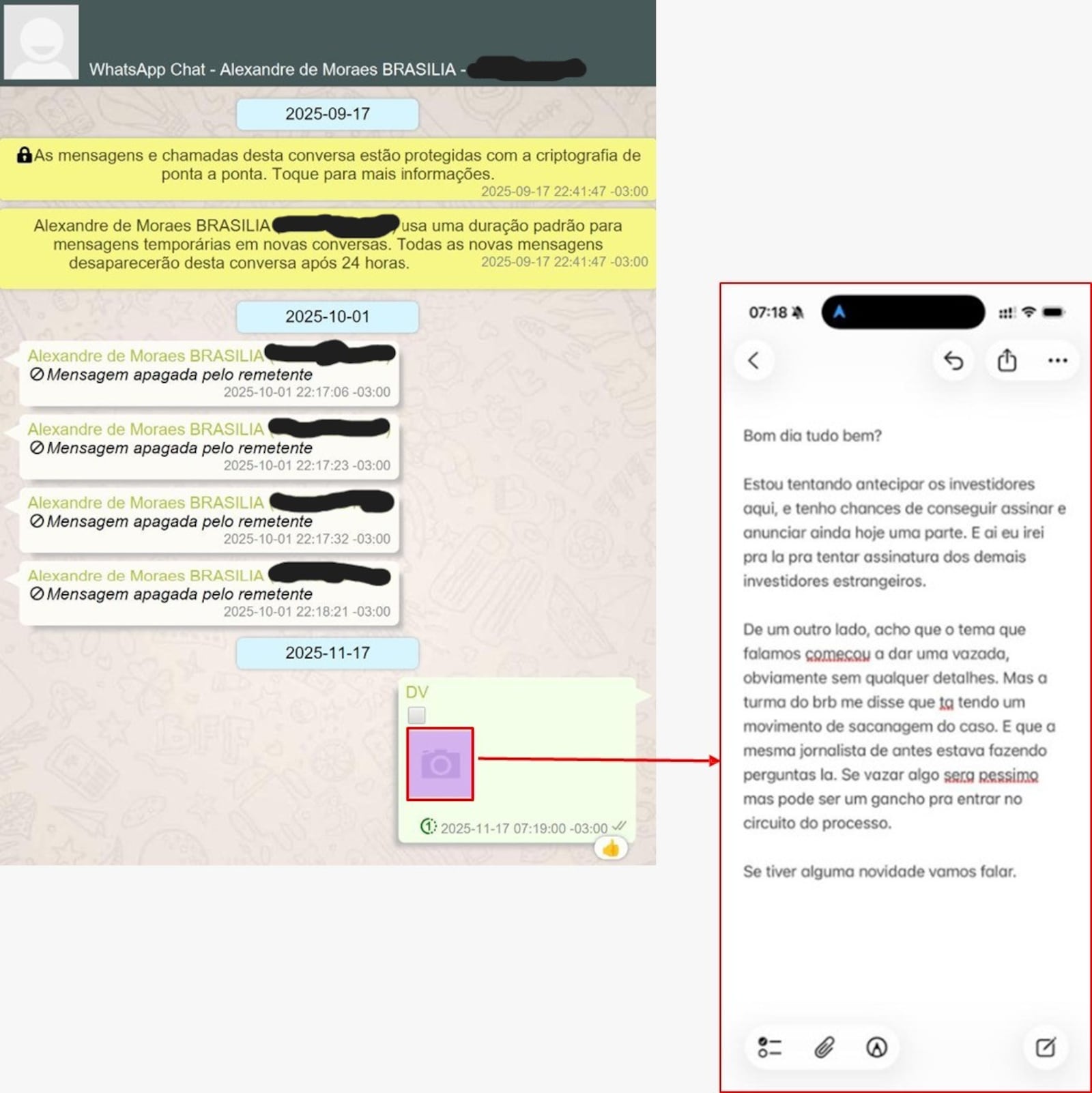 Prints das mensagens que teriam sido enviadas por Vorcaro a Moraes no dia da prisão do empresário