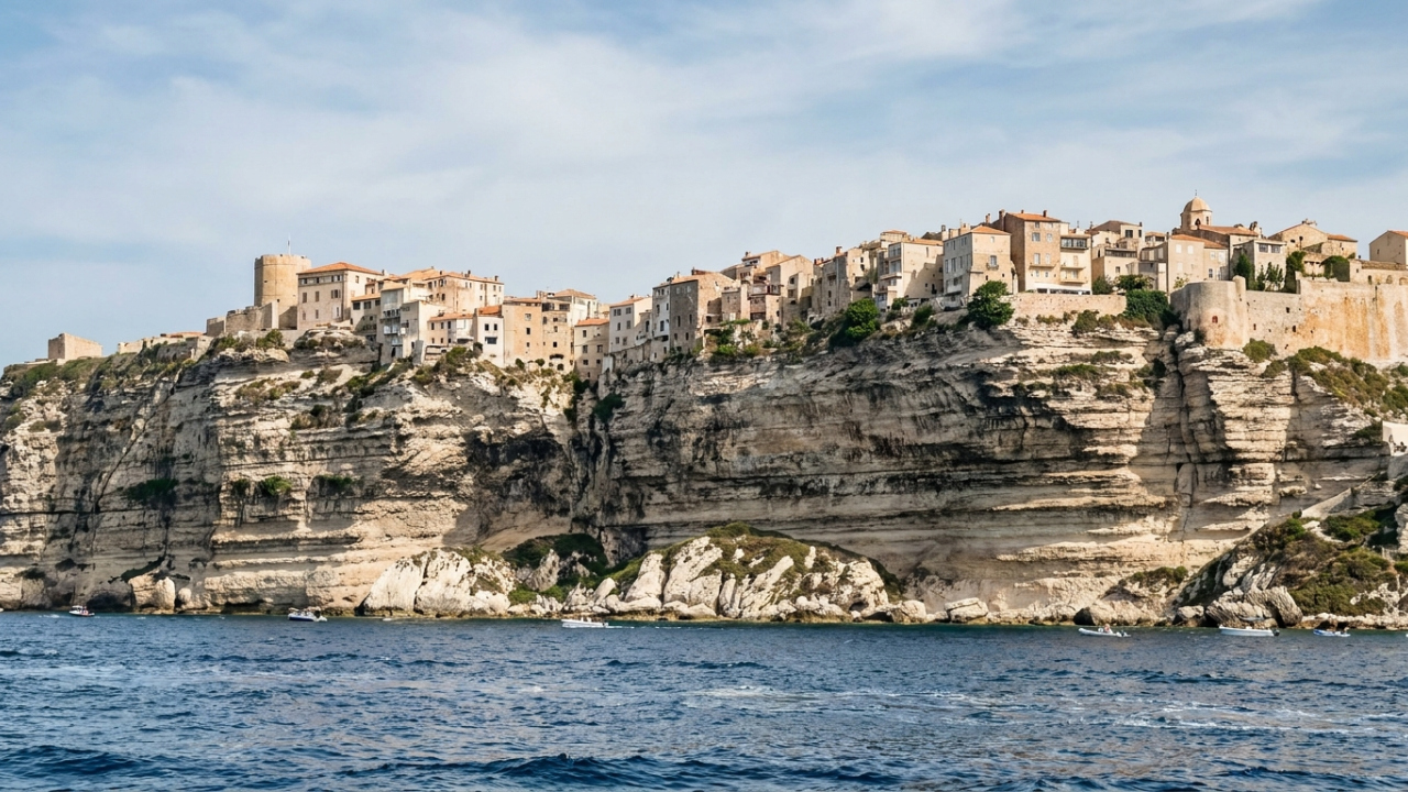 Uma cidade francesa termina praticamente na borda de falésias calcárias de cerca de 100 metros, com casas e uma cidadela olhando para o Mediterrâneo
