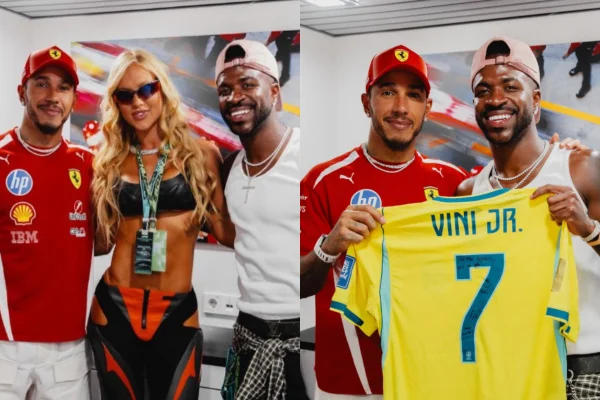 Lewis Hamilton posa com Vini Jr., mas ignora Virginia e gera reações
