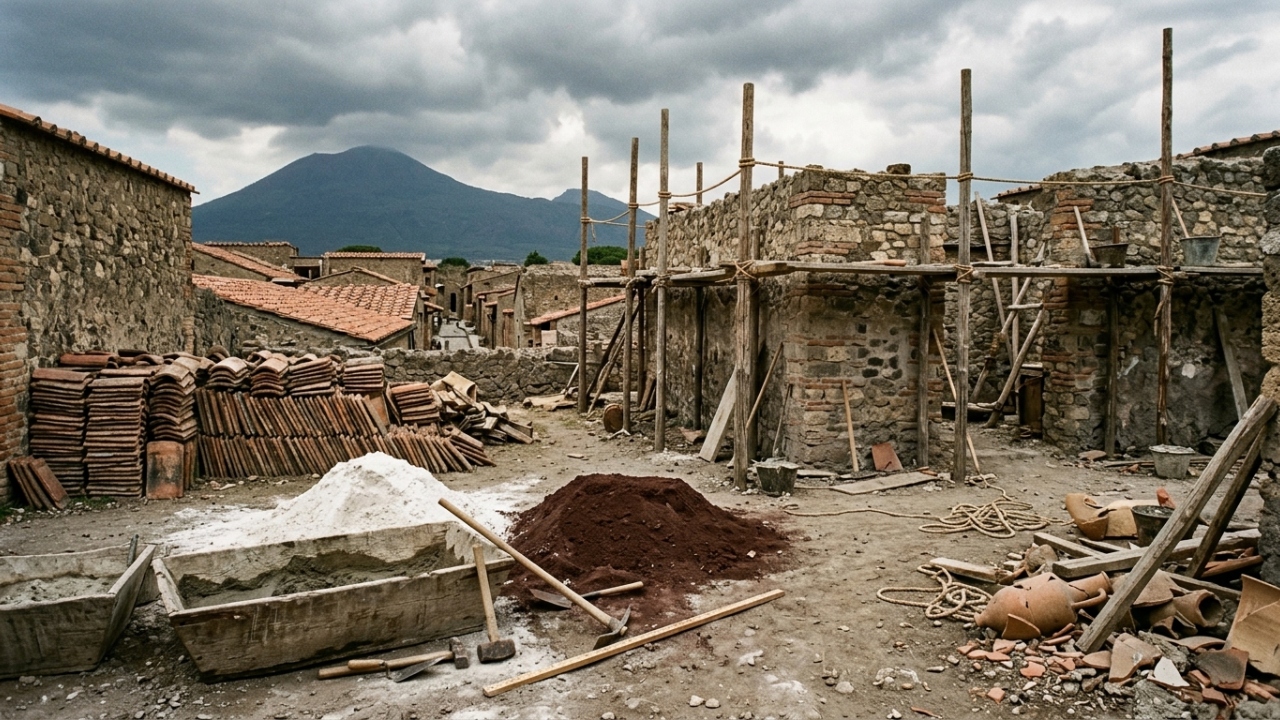 Arqueólogos encontraram em Pompeia um canteiro de obras interrompido no ano 79, com parede ainda sendo construída, telhas separadas para reutilização e pilhas secas da mistura usada no concreto romano