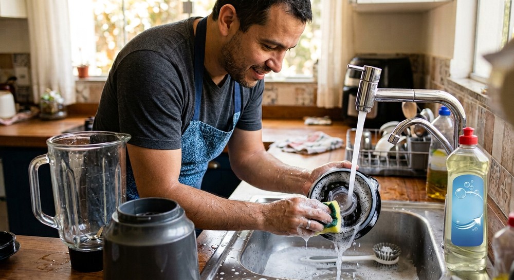 Homem limpando a tampa do liquidificador — Foto: Imagem gerada por IA
