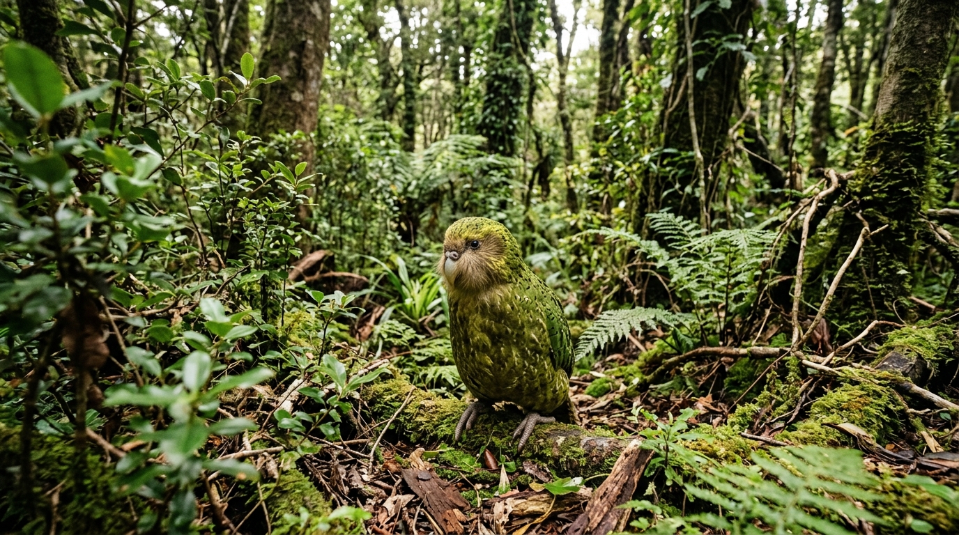 O kākāpō, papagaio mais raro do mundo, teve a melhor temporada de reprodução já registrada — a população saltou de 51 para 236 aves depois de décadas à beira da extinção