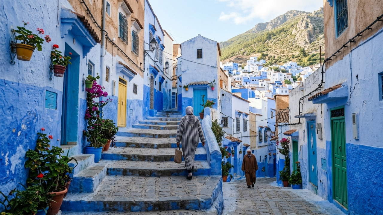 A cidade construída na encosta de uma montanha onde fachadas, vielas e escadarias foram tomadas por diferentes tons de azul e branco