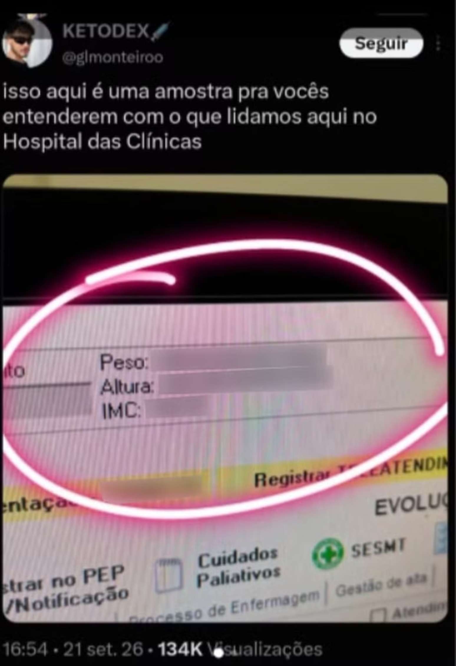 Publicação de Guilherme Lourenço Monteiro no X mostrava peso, altura e IMC do paciente antes de ser excluída