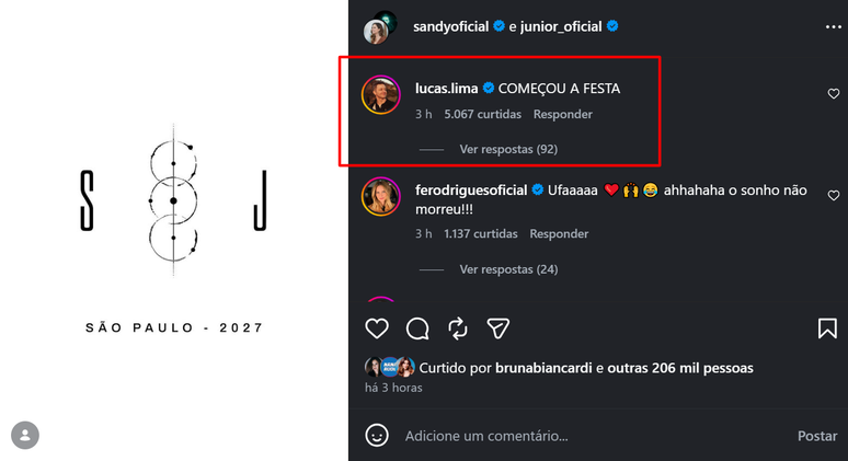 Lucas Lima reage após Sandy e Junior anunciarem novo projeto juntos: 'Começou a festa'