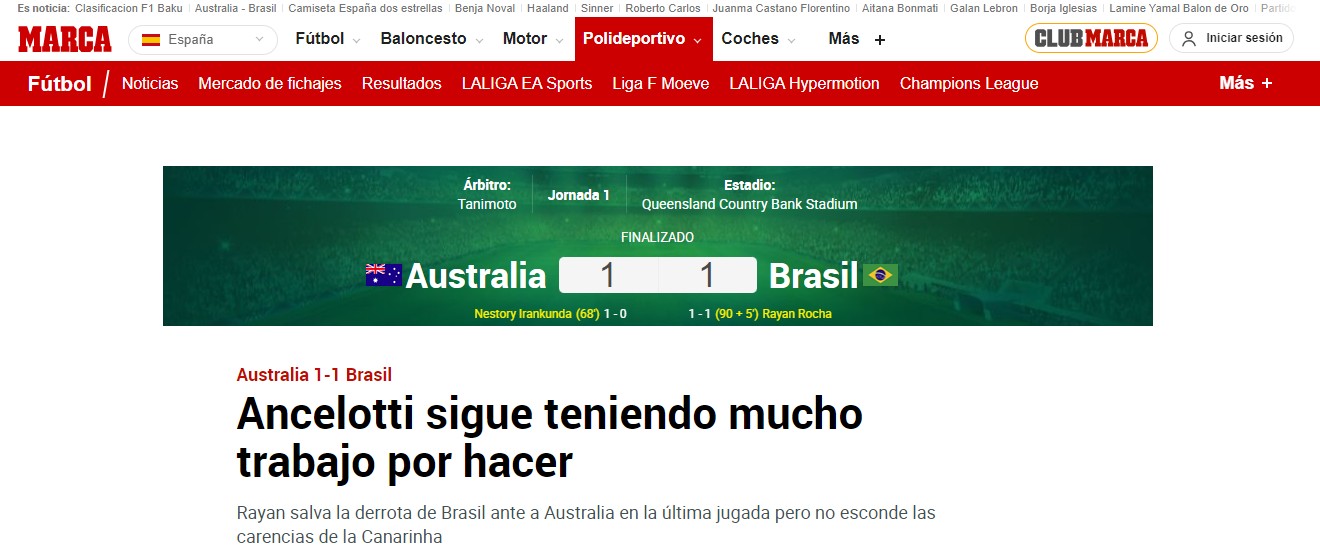 "Ancelotti tem muito trabalho": jornal espanhol faz crítica à Seleção após empate