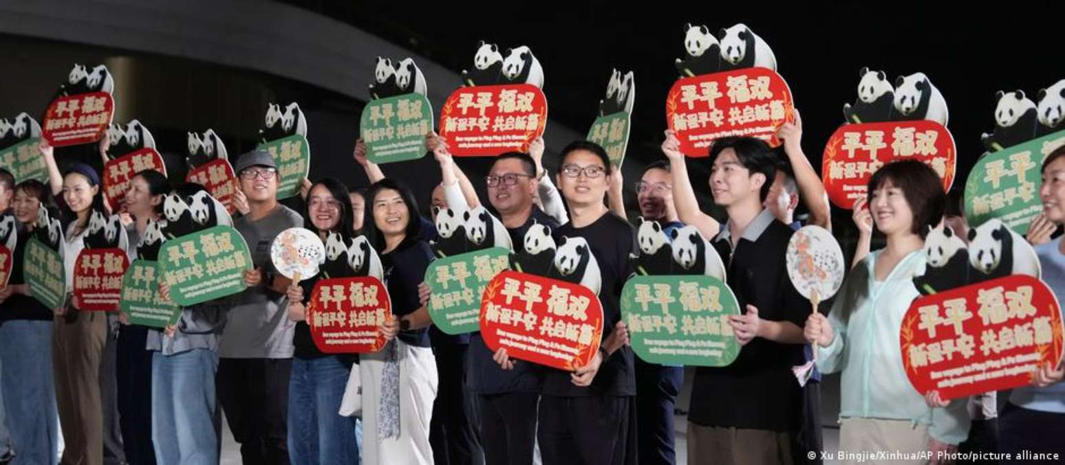 Uma cerimônia de despedida foi realizada antes da partida dos pandas-gigantes Ping Ping e Fu Shuang