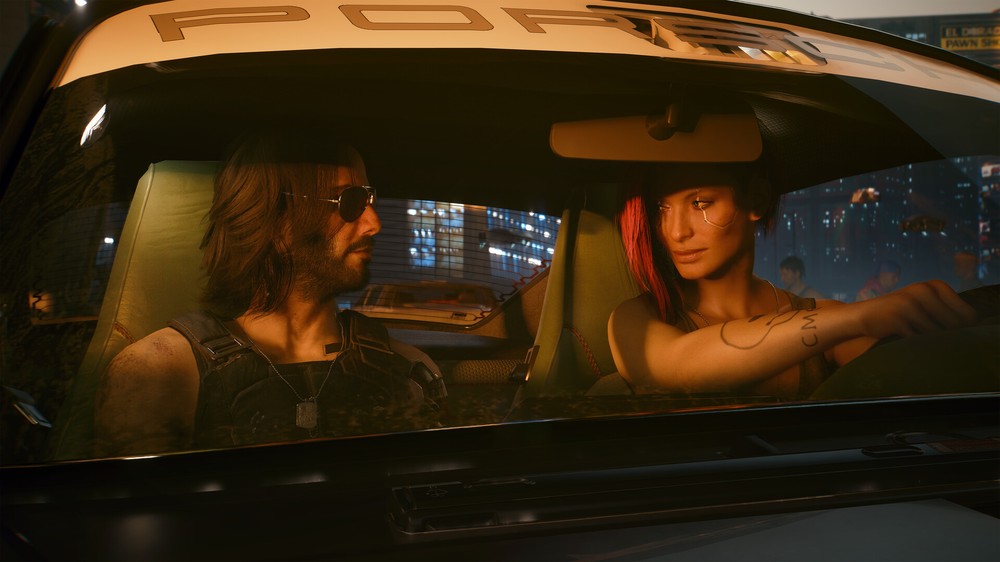 Cyberpunk 2077 traz um futuro distópico no qual ainda existe esperança no romance — Foto: Reprodução/Steam