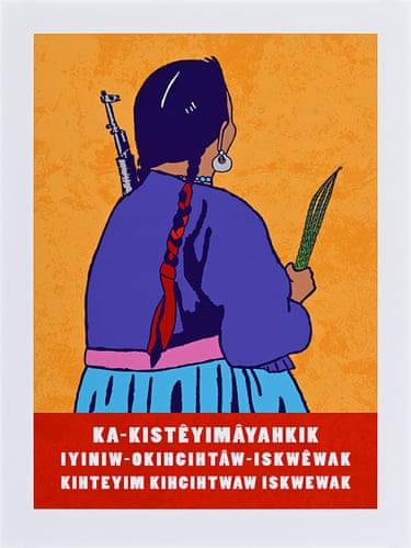 a design of a women holding a gun and a plant