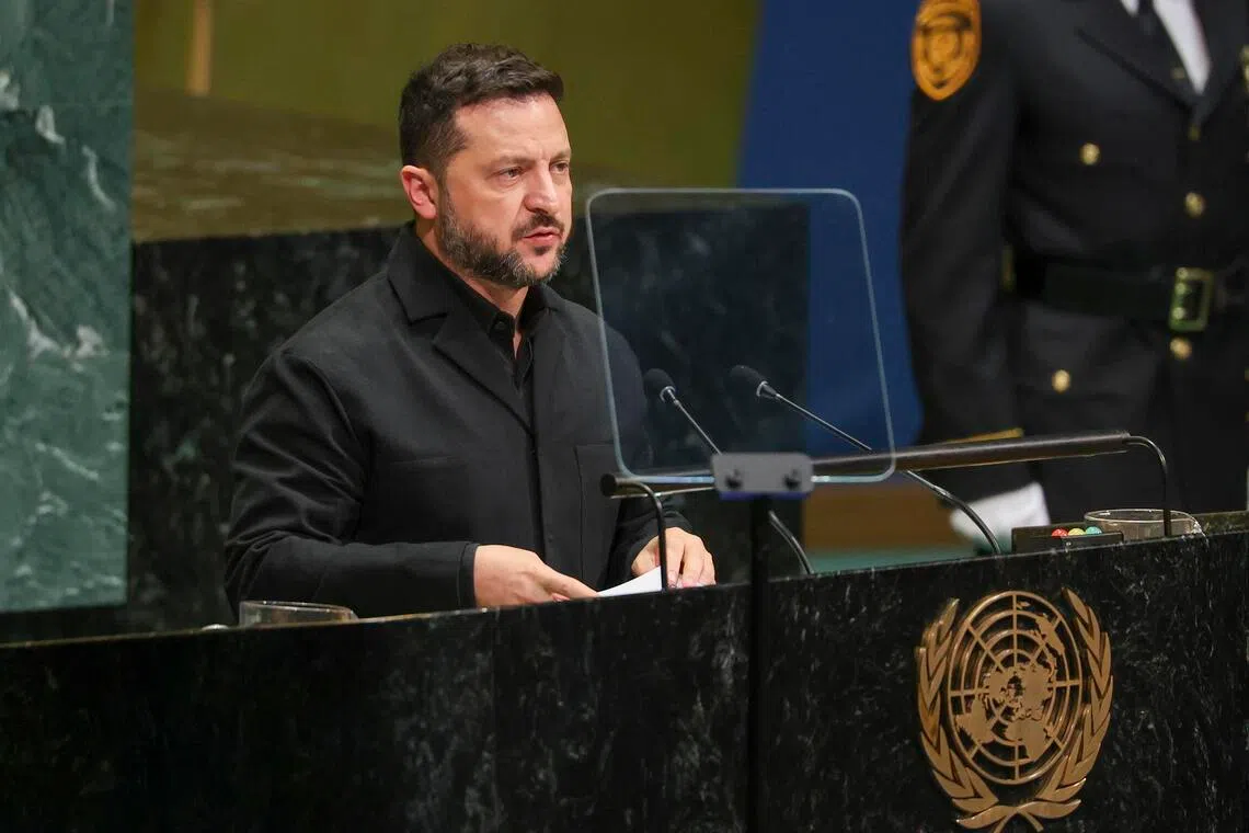 Ukrainian President Volodymyr Zelensky told the UN General Assembly on Sept 23 that Ukraine had sent two captured North Korean soldiers to the South.