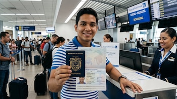 Un hombre sostiene un pasaporte de Panamá abierto en el mostrador de facturación de un aeropuerto con pantallas al fondo.