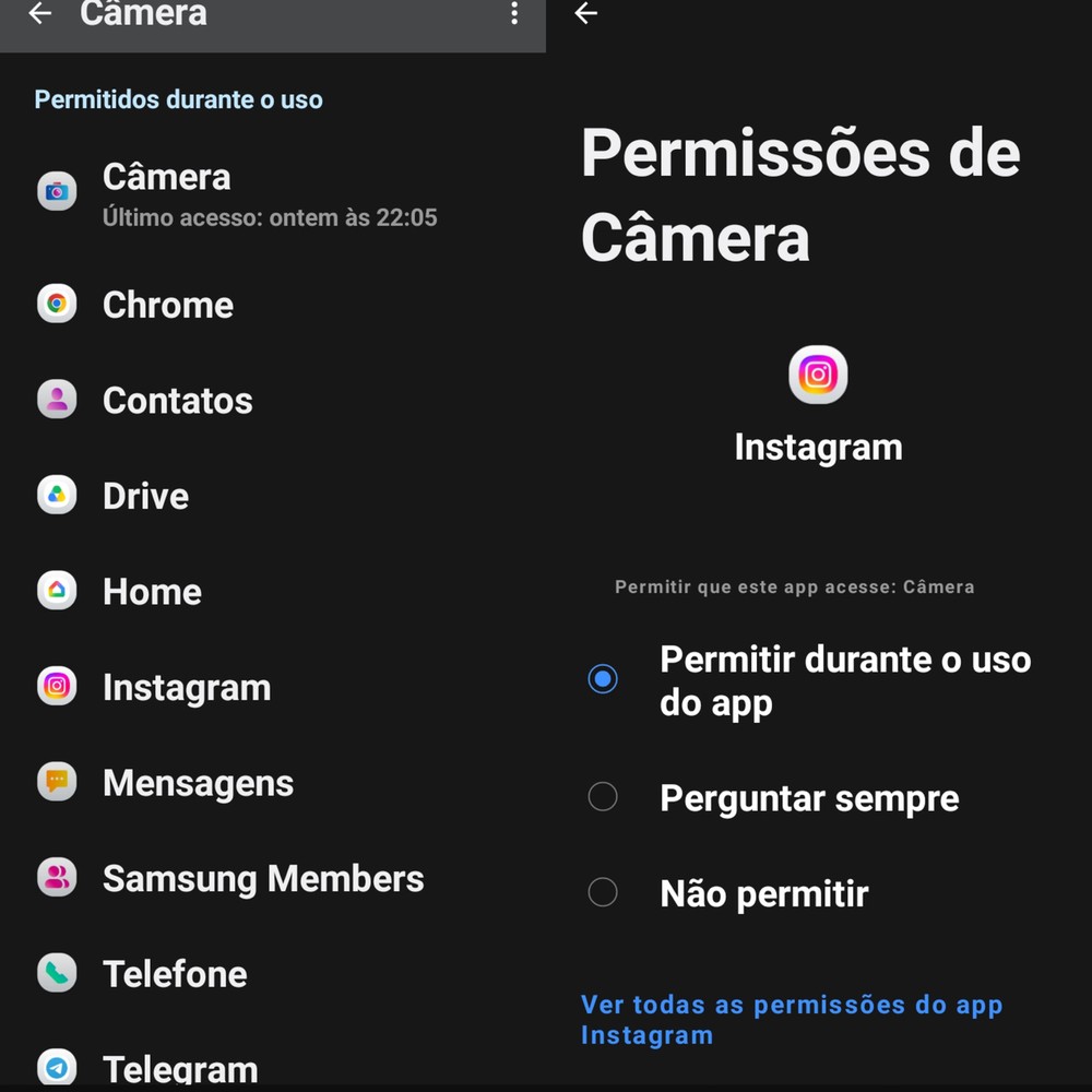 Usuário pode alterar as permissões de câmera de cada aplicativo nas configurações do Android — Foto: Reprodução/Samsung