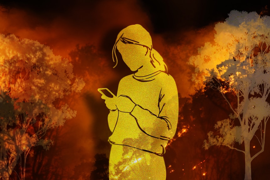 Illustration of a woman in yellow silhouette looking at a mobile phone with trees and sky red and orange, clouds of smoke, fire