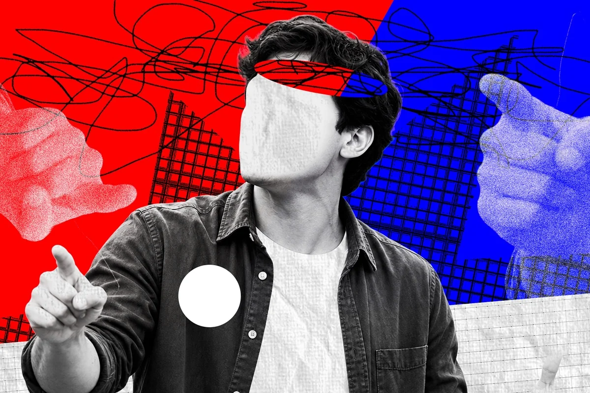 Ilustração nas cores azul, vermelho, preto e branco, de homem jovem sem rosto, com metade do fundo vermelho e metade do fundo azul - Metrópoles.