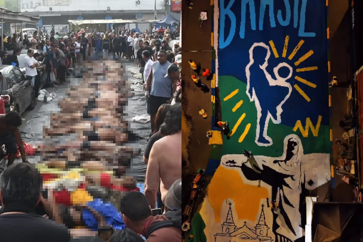 Montagem colorida de operação e rua decorada da Copa