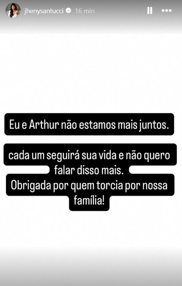 Grávida, Jheny Santucci anuncia separação de Arthur Aguiar quase três meses após casamento