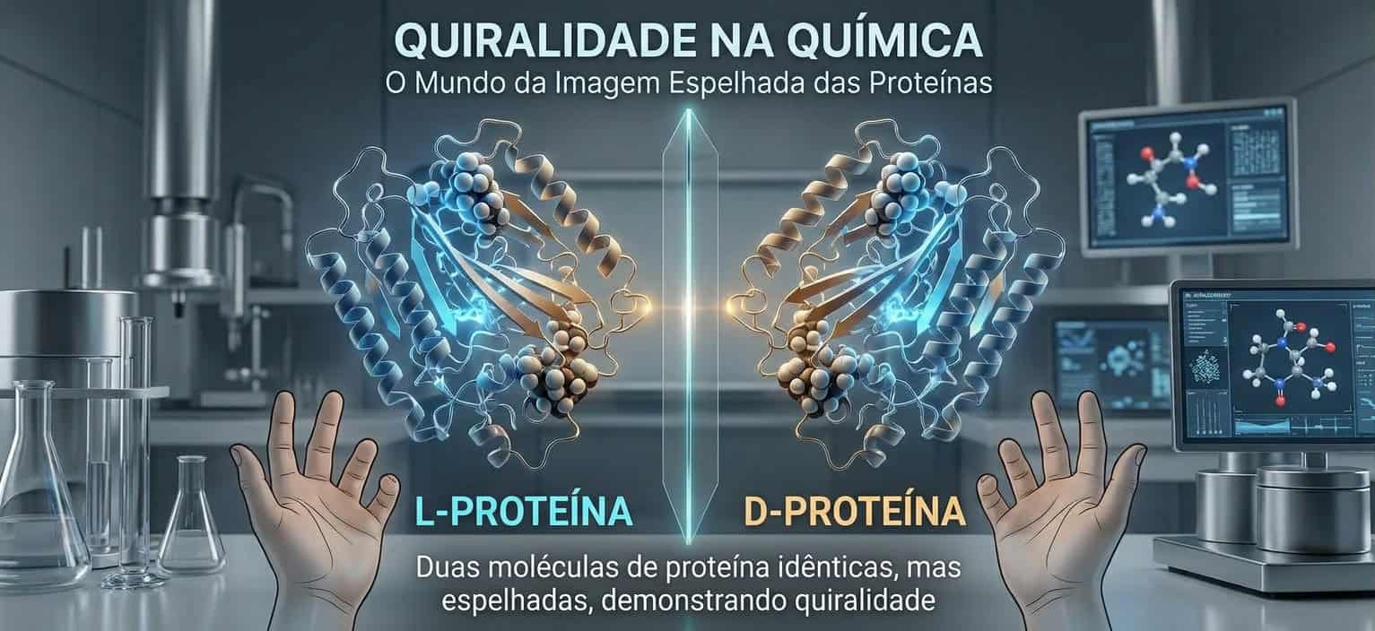 Duas estruturas moleculares em 3D, idênticas em composição, flutuando frente a frente sobre um plano reflexivo e minimalista, simétricas como a mão esquerda e a mão direita.