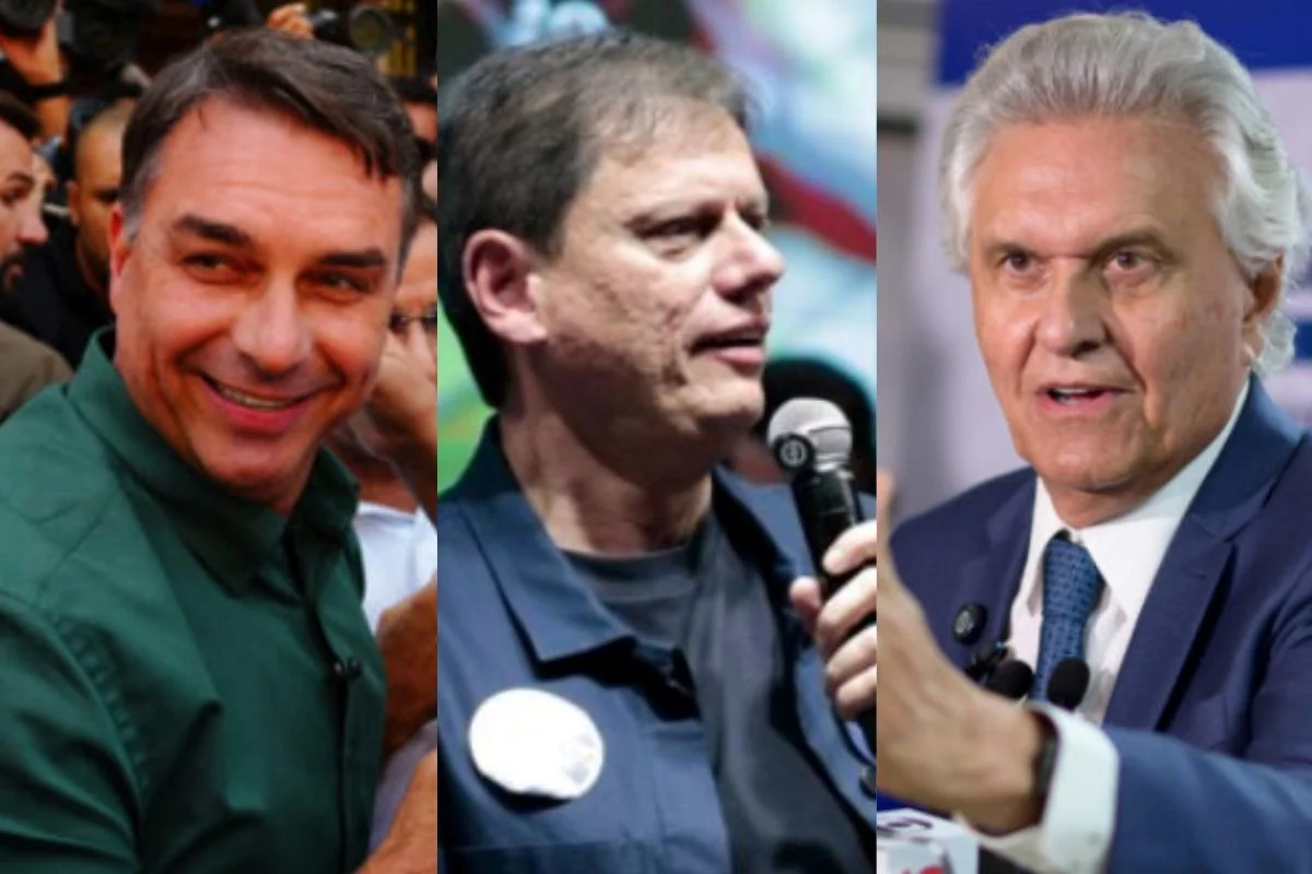 Foto colorida de Flávio Bolsonaro, Tarcísio de Freitas e Ronaldo Caiado (da esquerda para a direita) - Metrópoles