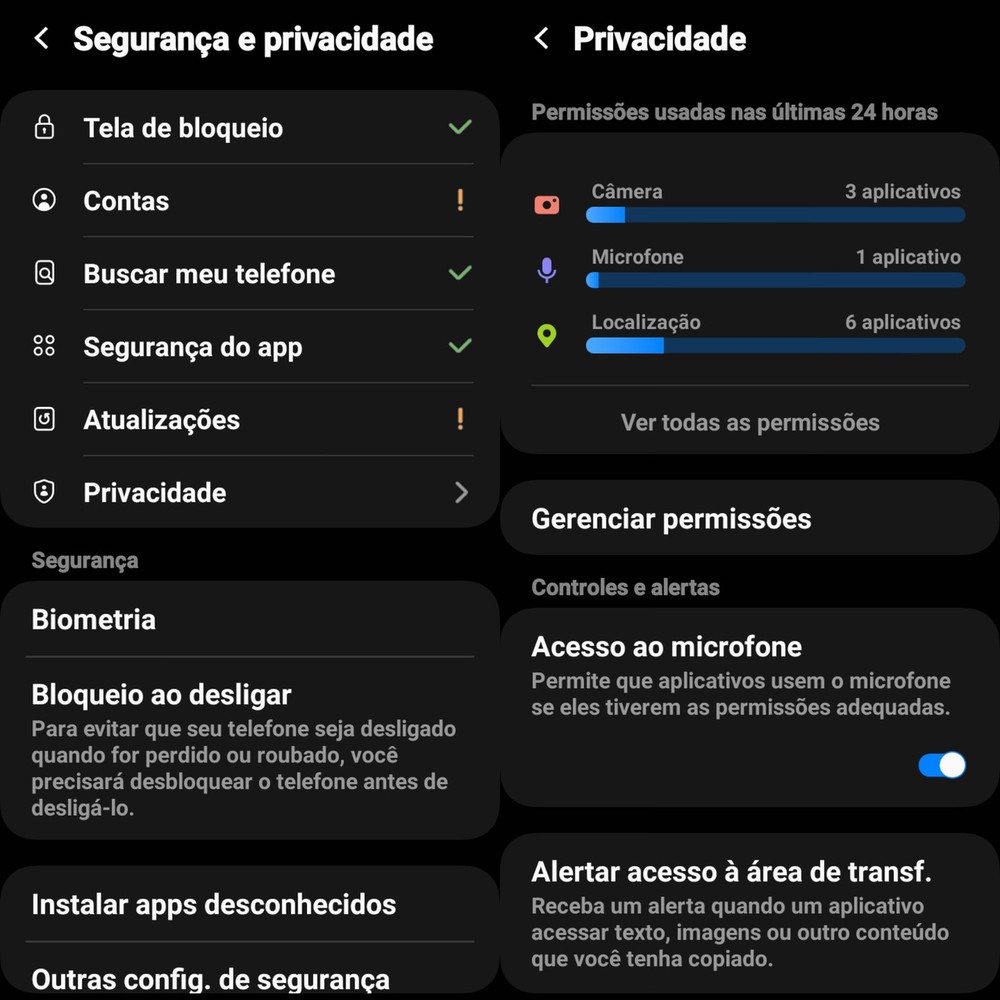 Acesse Segurança e privacidade para consultar o histórico de permissões no Android — Foto: Reprodução/Samsung