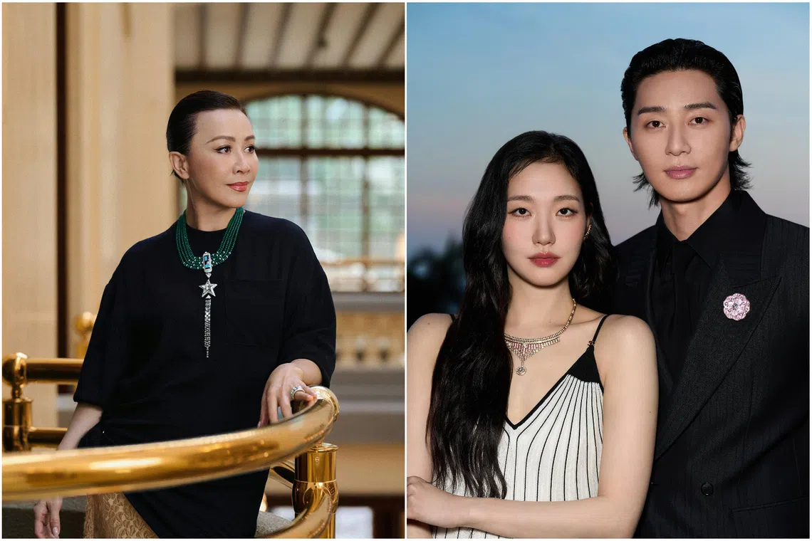 Carina Lau, and South Korean actors Kim Go-eun and Park Seo-junwearing the Chanel Signes & Symboles collection when it travelled to Hong Kong.